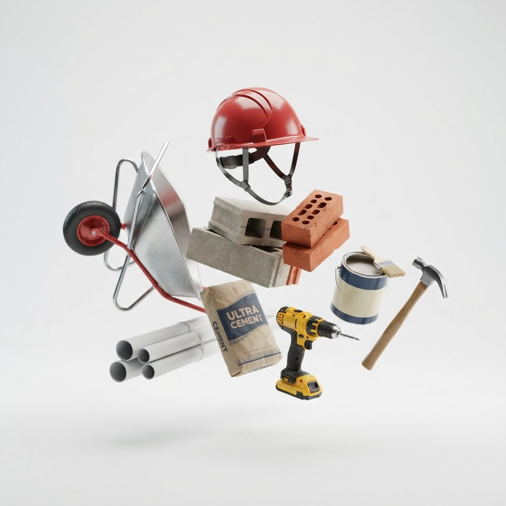 Conjunto 3D de materiais de construção: capacete, blocos, cimento, furadeira e mais